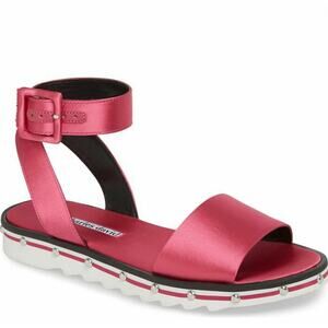 CHARLES DAVID Shimmy Satin Sandals 5.5 Ankle Strap Studs Berry Pink Fuchsia $169
